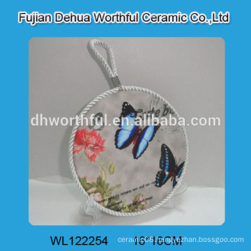 Round decorative butterfly painting ceramic trivet with rope